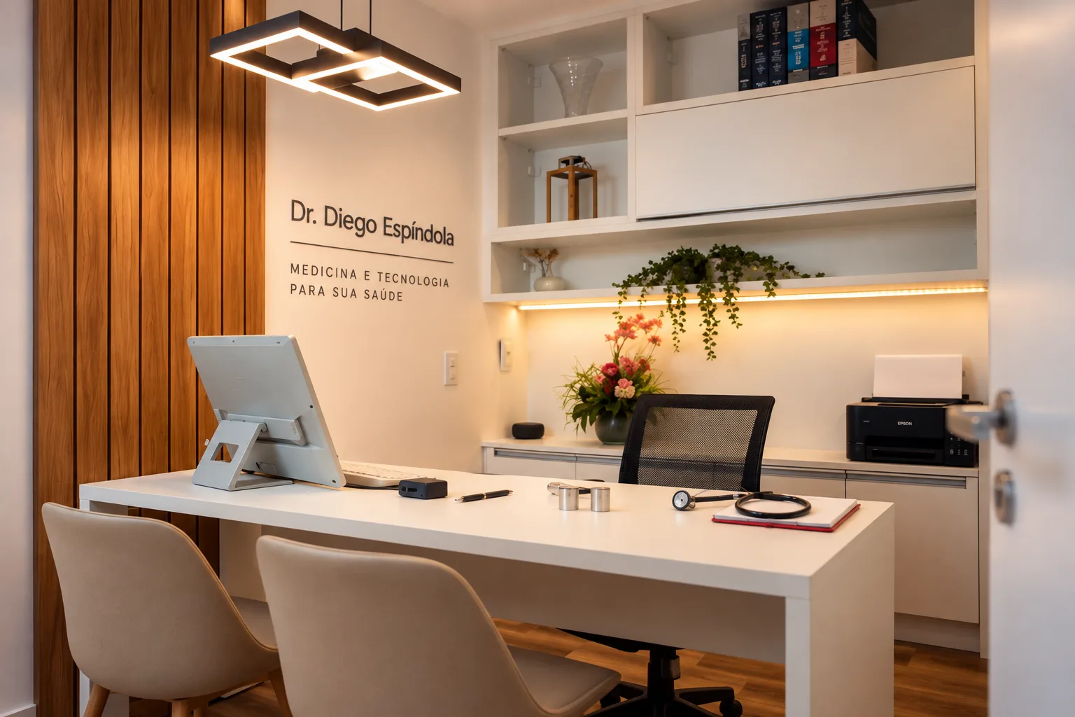 Consultório do Dr. Diego Espíndola, com mesa de atendimento, poltronas confortáveis e iluminação acolhedora