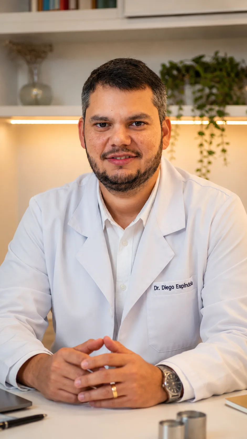 Dr. Diego Espíndola, cirurgião vascular, sorrindo no consultório