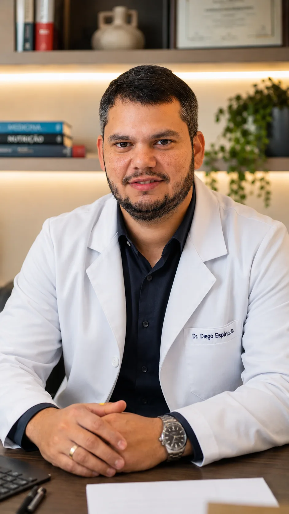 Retrato do Dr. Diego Espíndola, cirurgião vascular, em seu consultório